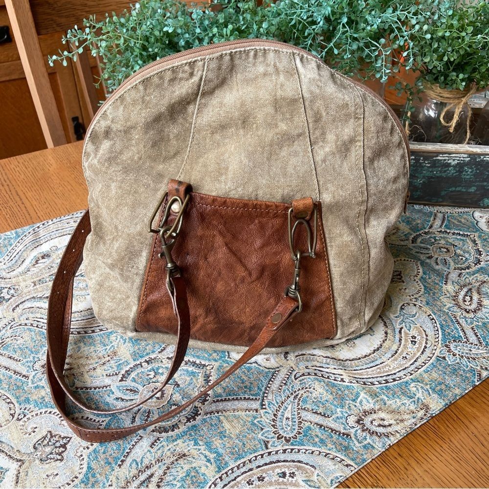 Mona B Convertible Backpack Bag Leather Cotton Canvas Bowling Tote Crinkle